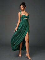 Elegant Women's Long Dress, Feminine Sleeveless Thin Strap Crop Top Design, Ruched Cross Back Style, Spring Summer Lightweight Fabric, Fashionable Chic Comfort Fit