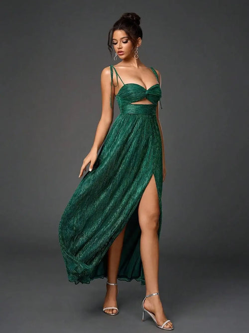 Elegant Women's Long Dress, Feminine Sleeveless Thin Strap Crop Top Design, Ruched Cross Back Style, Spring Summer Lightweight Fabric, Fashionable Chic Comfort Fit