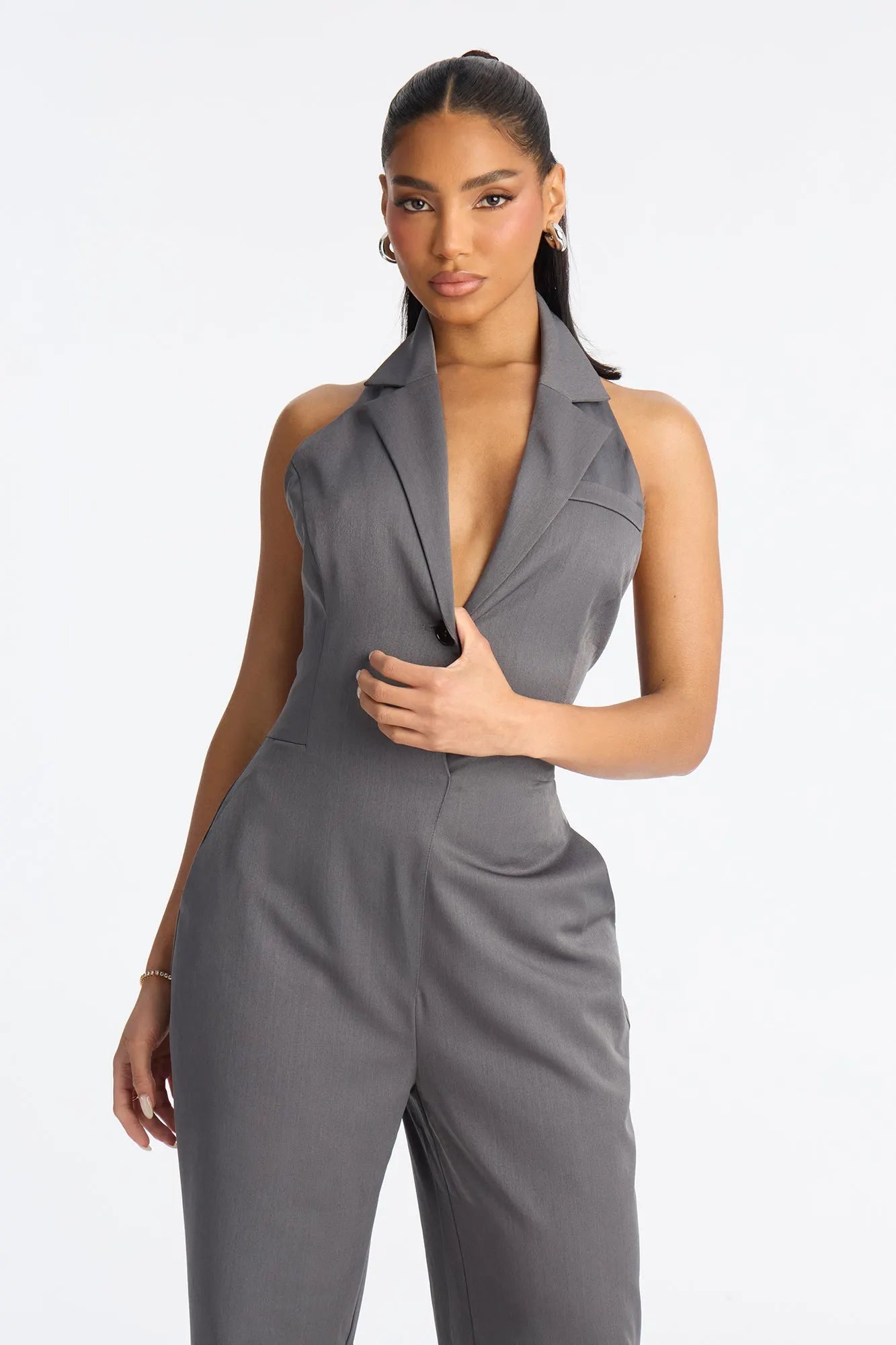 Business Meets Chic Blazer 2 Piece Jumpsuit Set - Grey