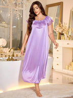 MuseNap CURVE Plus Size Women Pleated Square Collar Embroidered Satin Nightgown