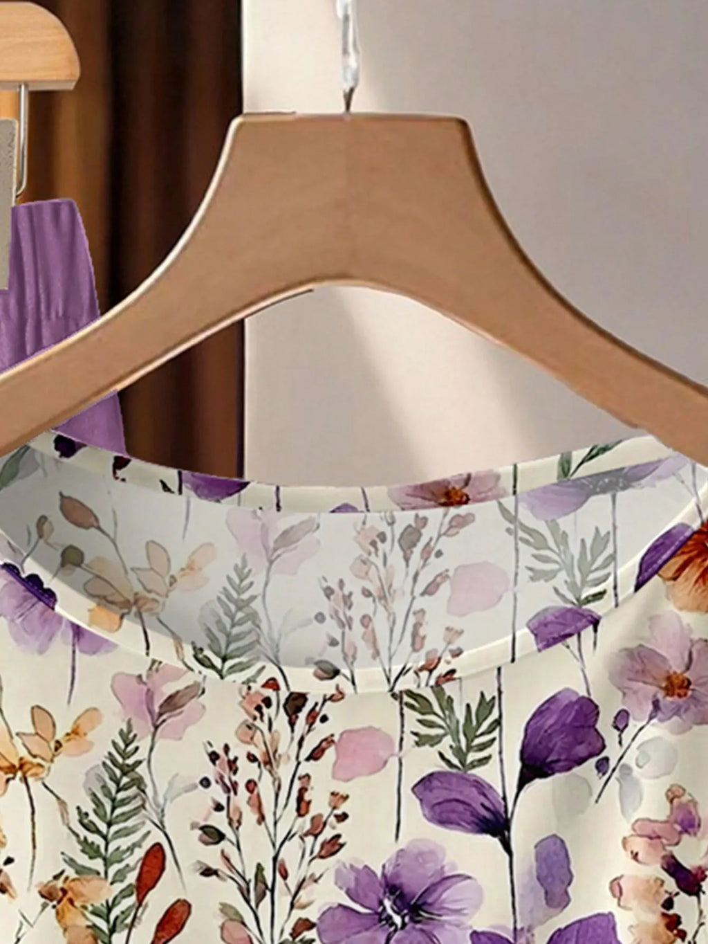2pcs Women's Casual Bohemian Purple Floral Shirt & Pants Set,Summer Boho Vacation Outfit, Retro Beach Resort,Perfect For Wedding Guest Party