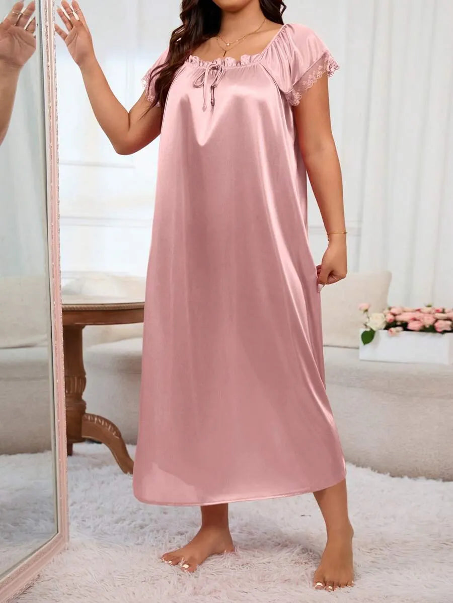 MuseNap CURVE Plus Size Women Pleated Square Collar Embroidered Satin Nightgown