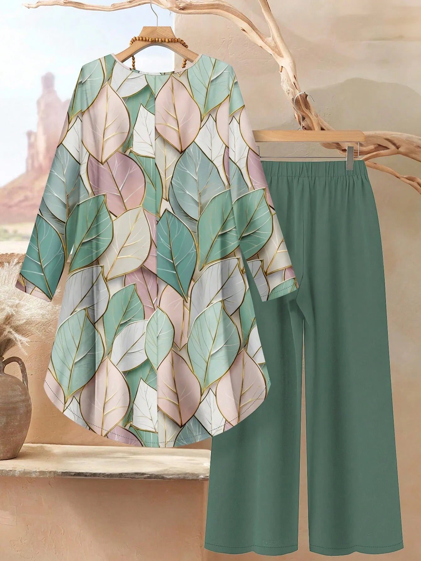 2pcs Women Leaf Marble Print Loose Fit Crew Neck Long Sleeve Top And Pants Set, Autumn/Winter Outfit Blouse Pants Outfit Fall Clothes,Casual