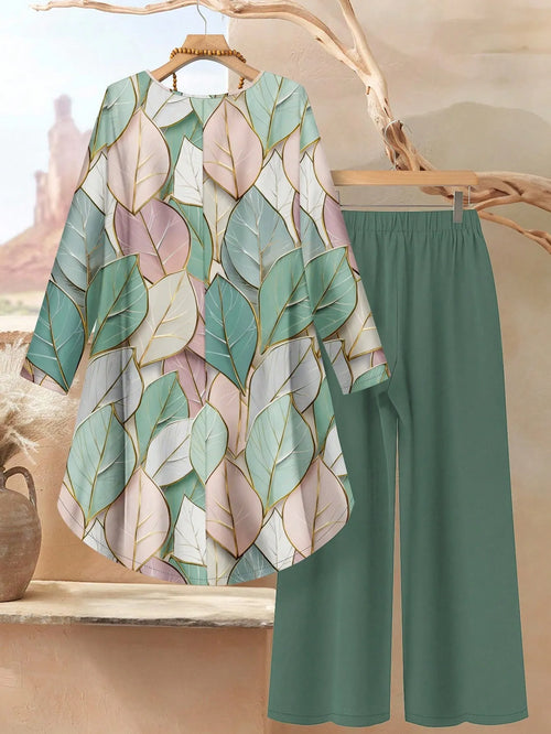 2pcs Women Leaf Marble Print Loose Fit Crew Neck Long Sleeve Top And Pants Set, Autumn/Winter Outfit Blouse Pants Outfit Fall Clothes,Casual