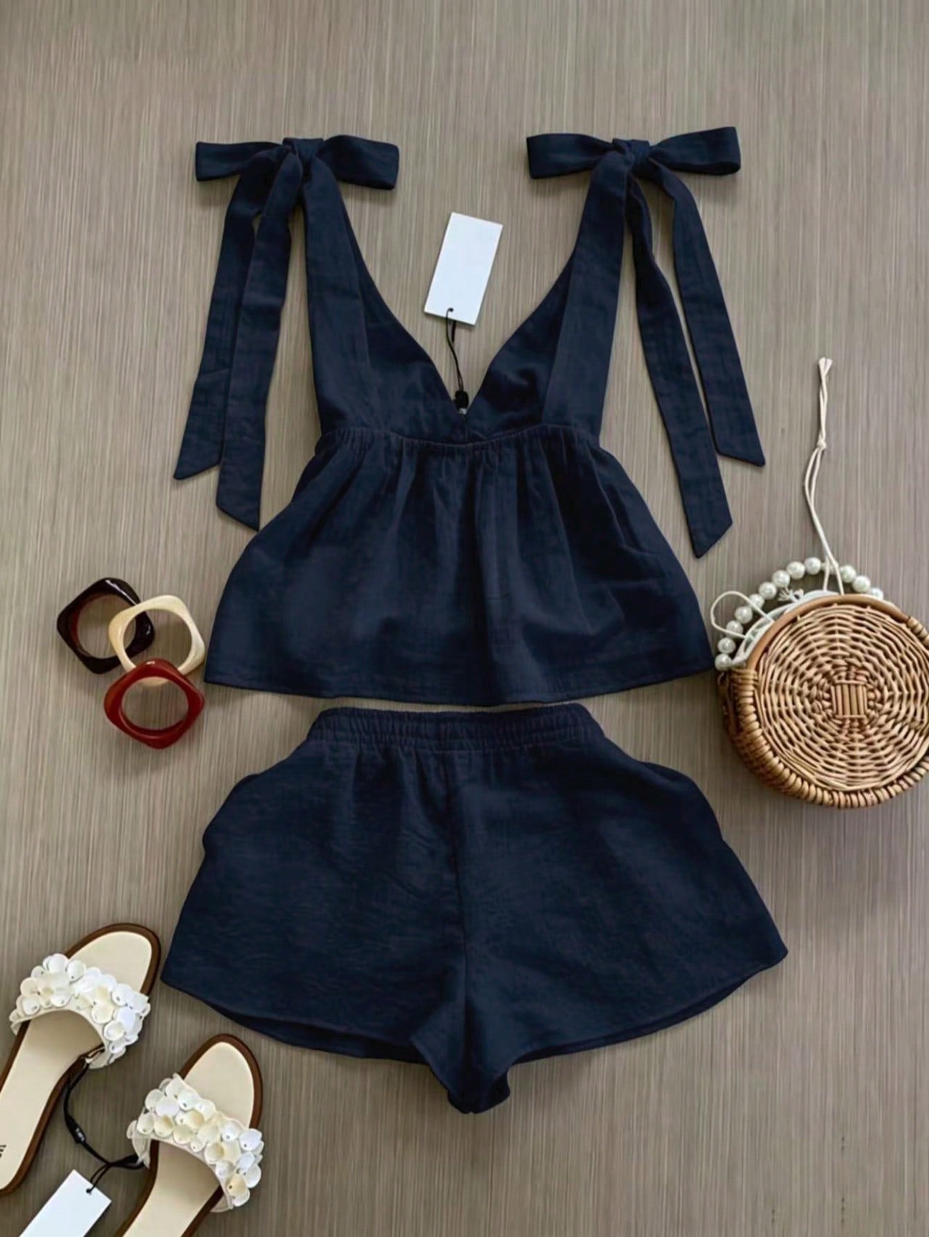 Spring/Summer Women's Fashion Set, Sleeveless Top With Elegant Tie Design, Strappy Shorts Vacation Set, Daily Casual Wear