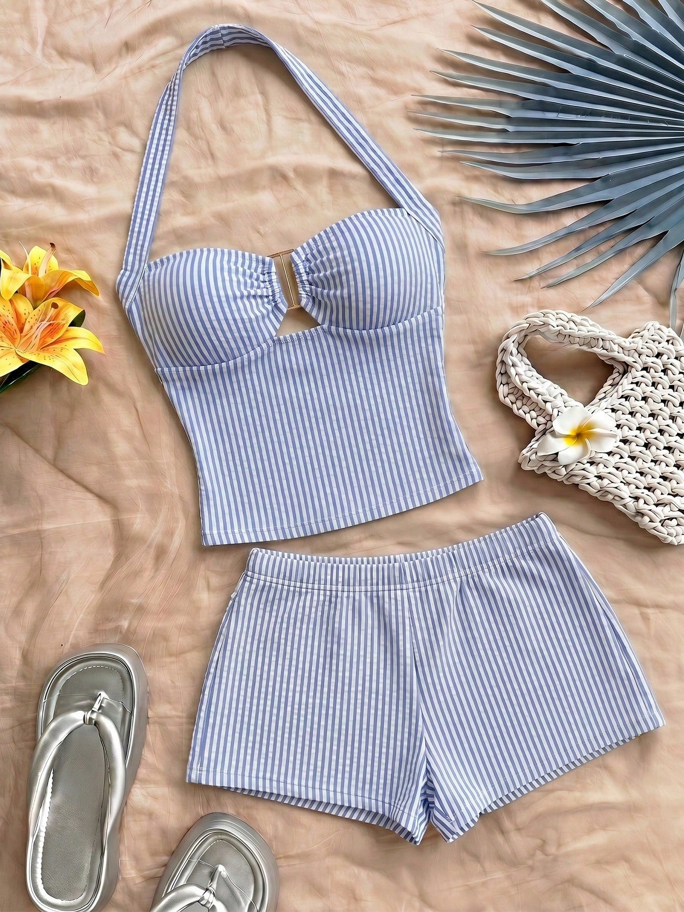 Soleia Women's Vacation Striped Halter Top And Shorts Casual 2 Pieces Set
