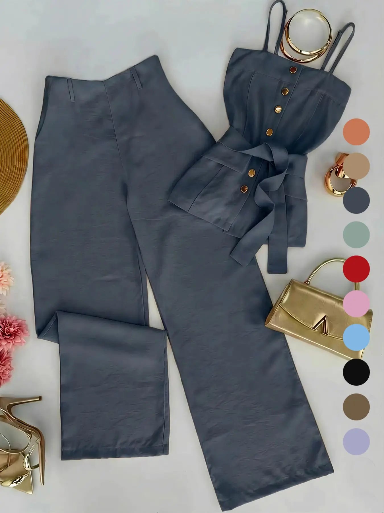 New Women's Solid Color Strappy Top & Long Pants Two-Piece Set, Outfit, Minimalist Basic Versatile Casual Wear, Comfortable and Stylish, Perfect for Daily Use