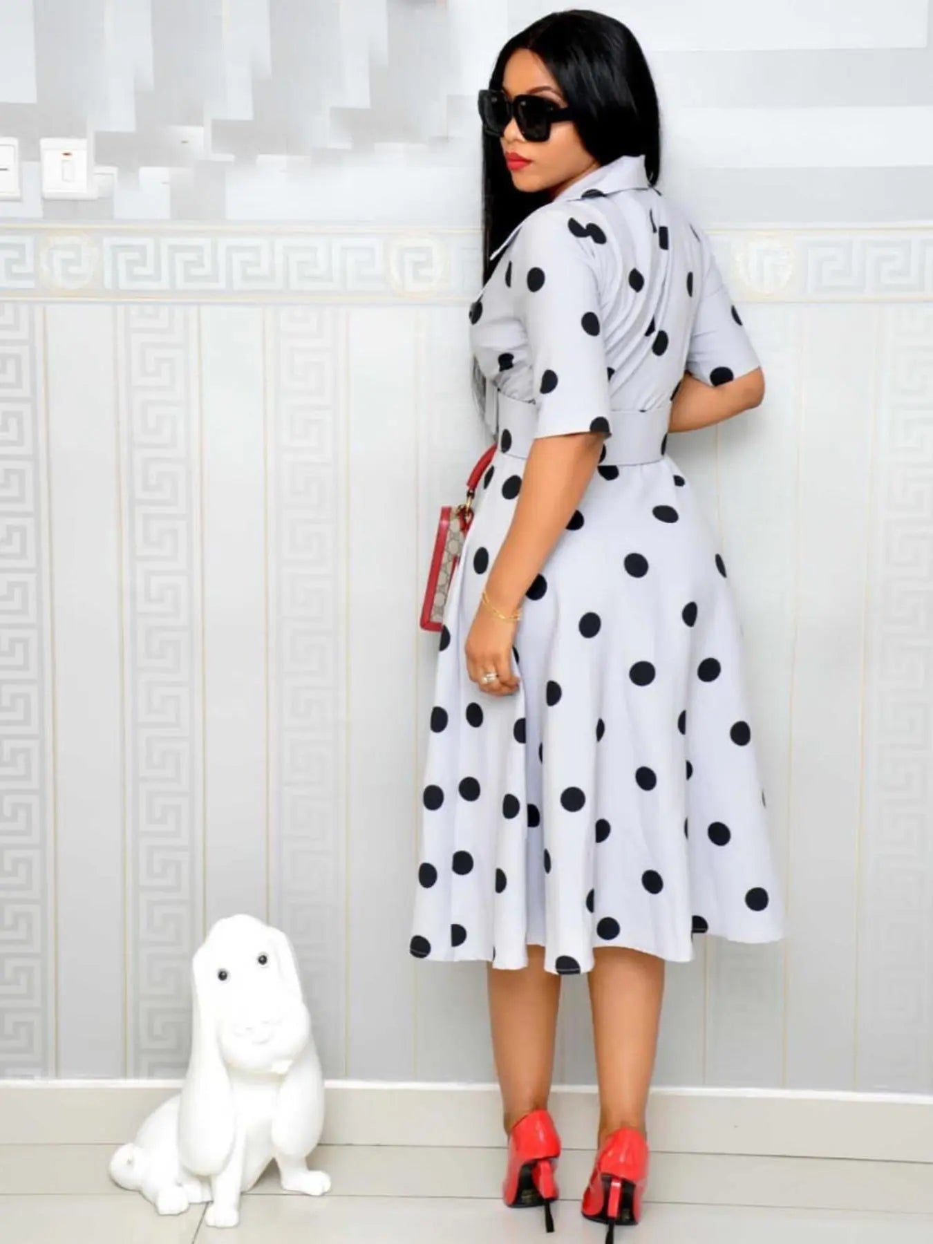 Elegant Chic Women's Midi Dress with Belt, Polka Dot Pattern, Short Sleeve