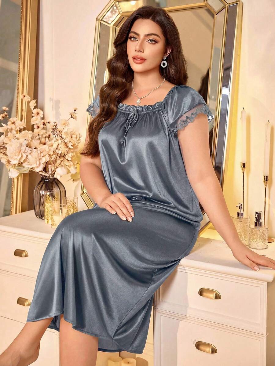MuseNap CURVE Plus Size Women Pleated Square Collar Embroidered Satin Nightgown