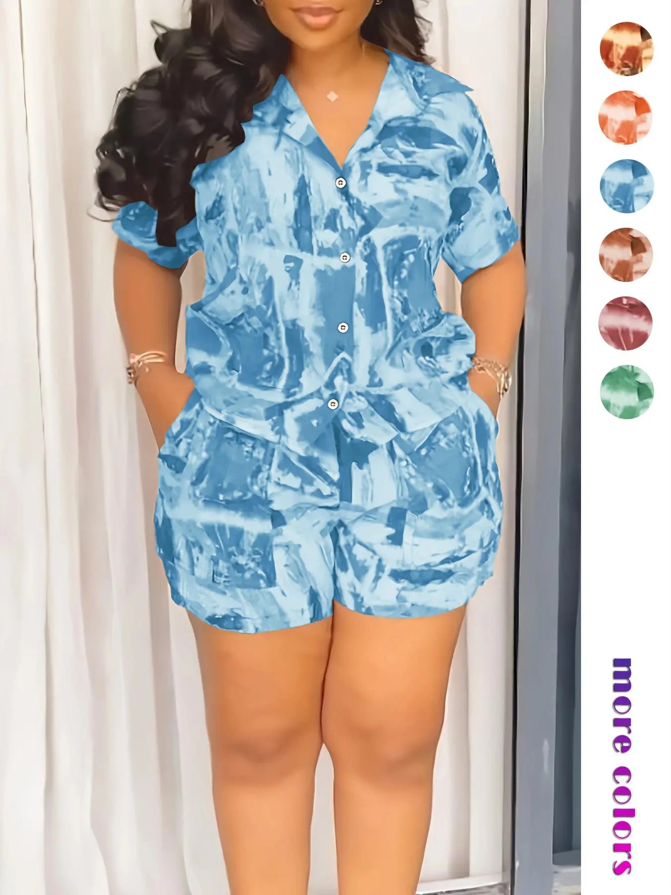 Two-piece Set Women's All Over Print Short Sleeve Shirt & Shorts