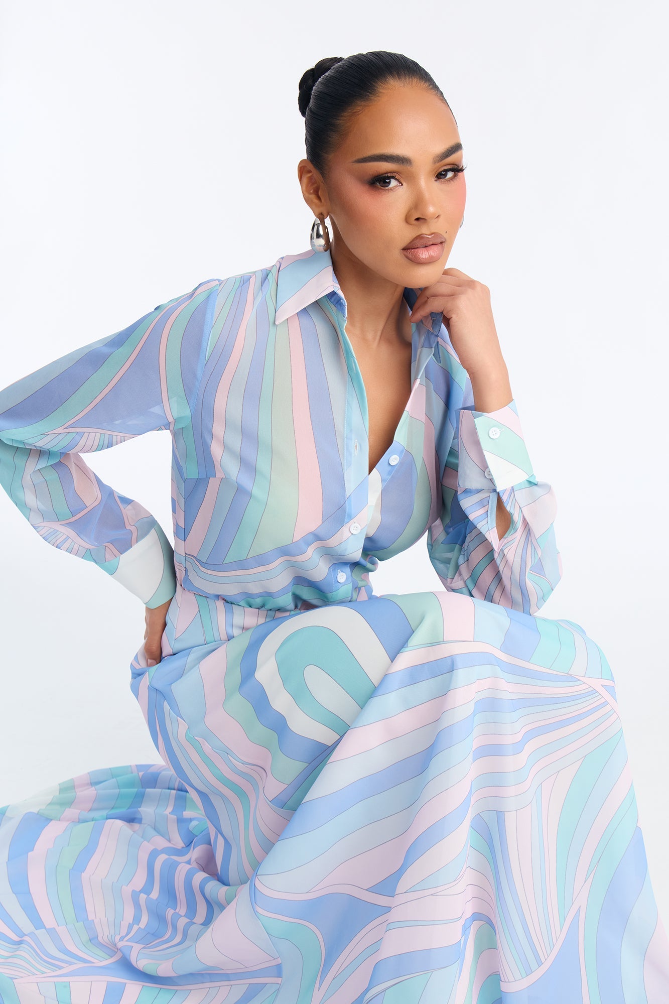 Gianna Button Up Chiffon Maxi Dress - Blue/combo