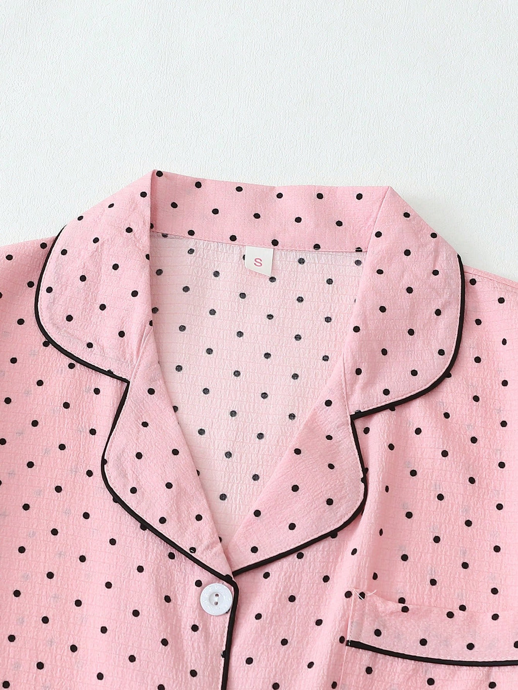 2pcs/Set Women's Mini Polka Dot Printed Pajama Set With Contrast Trim Button-Down Shirt And Bowknot Shorts, Perfect For Home Wear In Summer White Set,Two Pieces Set