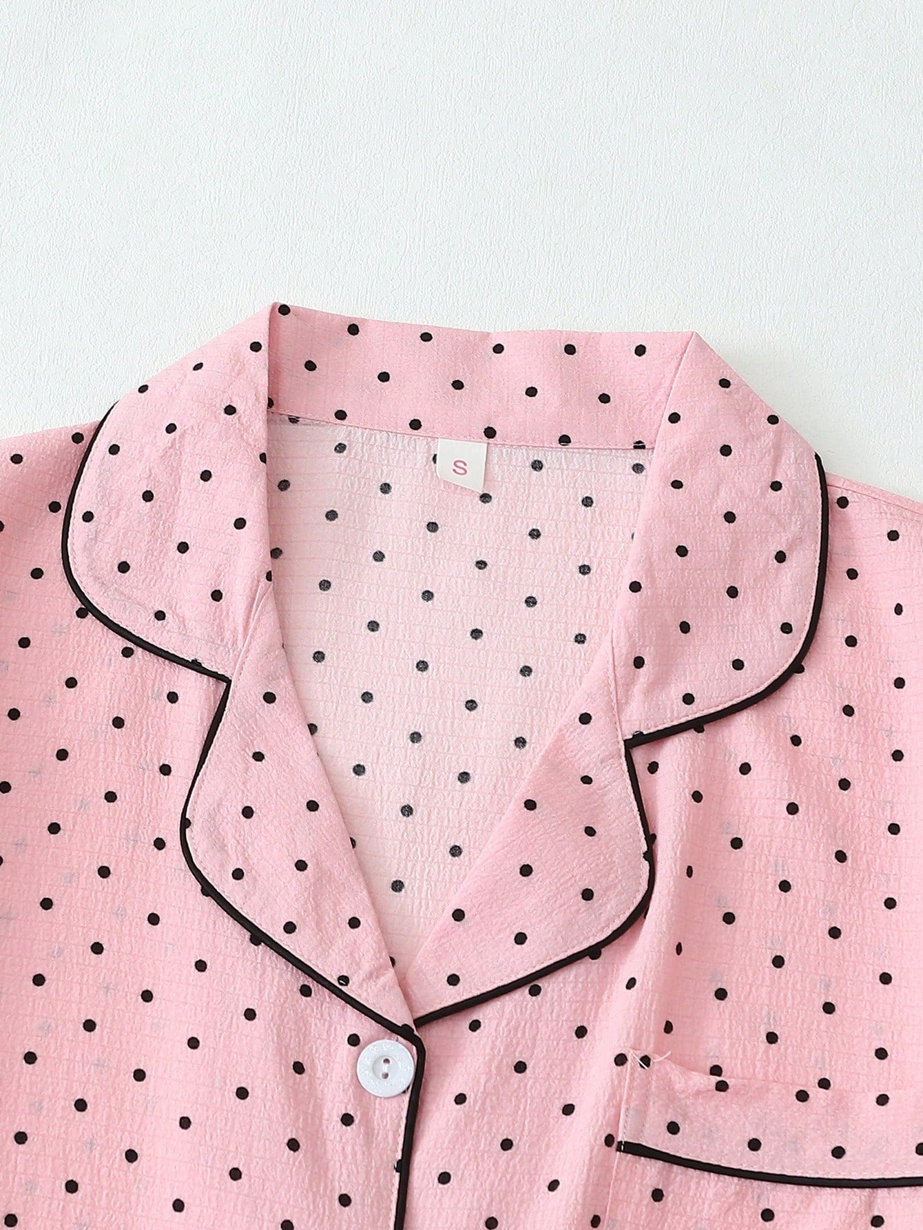 2pcs/Set Women's Mini Polka Dot Printed Pajama Set With Contrast Trim Button-Down Shirt And Bowknot Shorts, Perfect For Home Wear In Summer White Set,Two Pieces Set