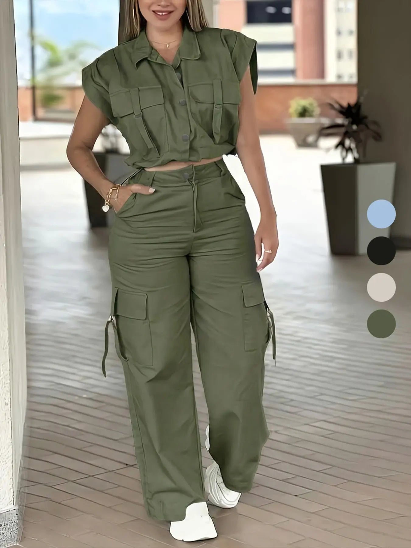 Women's Solid Button Front Tank Top & Cargo Pants, Pockets, Casual Fashion Cozy Two-piece Set for Daily Outdoor Wear, Ladies Clothes for Summer, Womenswear Aesthetic