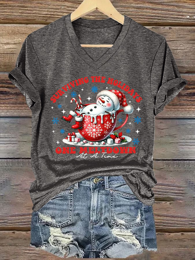 V-Neck Retro Christmas Snowman In Coffee Surviving The Holidays One Meltdown At A Time Print T-Shirt