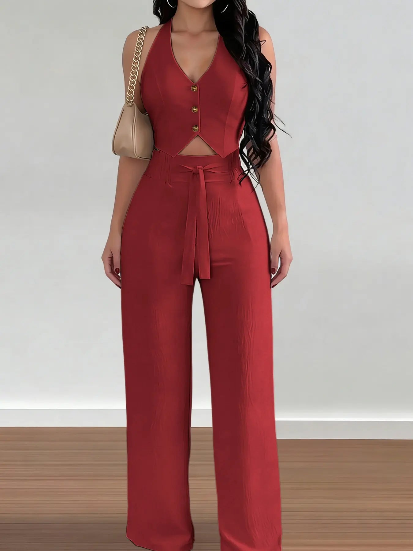 Women's Halter Crop Top & Wide-Leg Pants Set - Comfortable Woven Material