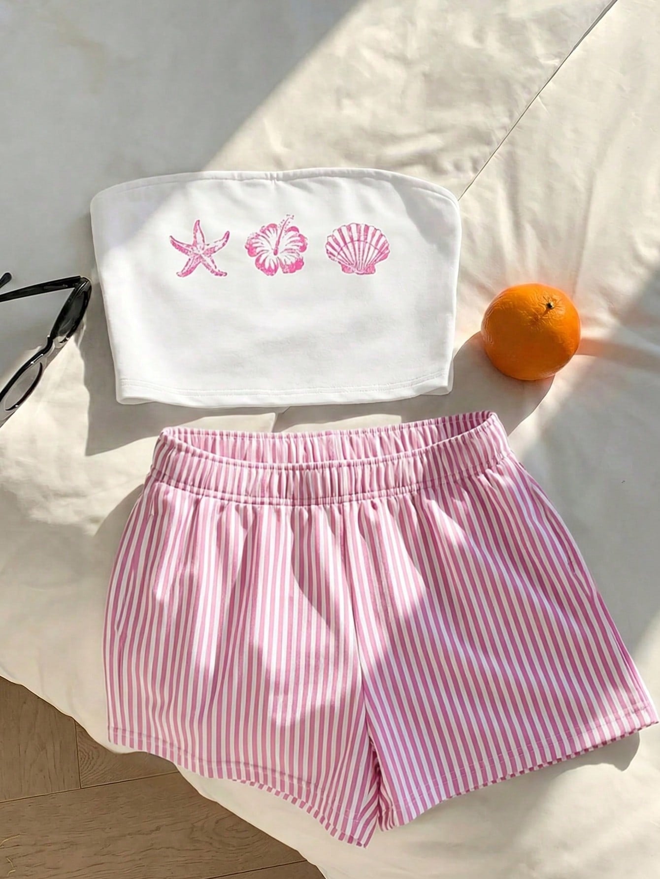 Comfortcana Women Summer Outfit,Pink And White Striped Tube Top & Shorts 2-Piece Set,Cute Casual Minimalist Everyday Versatile Resort Beach Outfit For Ladies