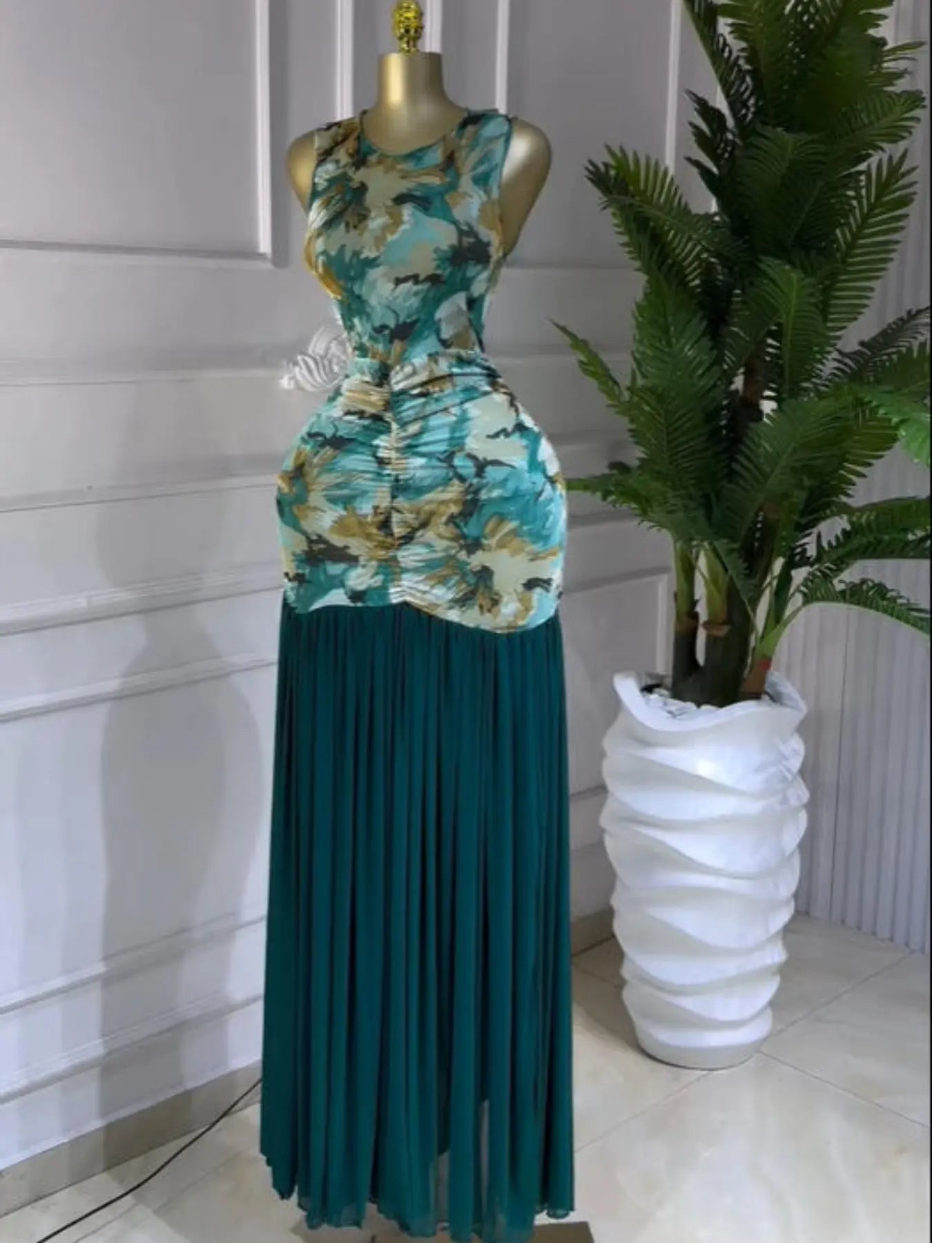 Women's Printed Ruched Stacked Bodycon Fitted A-Line Long Evening Dress, Fall Winter Holiday Party Gown, Elegant Chic Formal Party Wear, Prom Evening Gown, Bodycon Sleeveless Dress