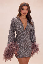 Opal Dreams Feathered Sequin Mini Dress - Chocolate