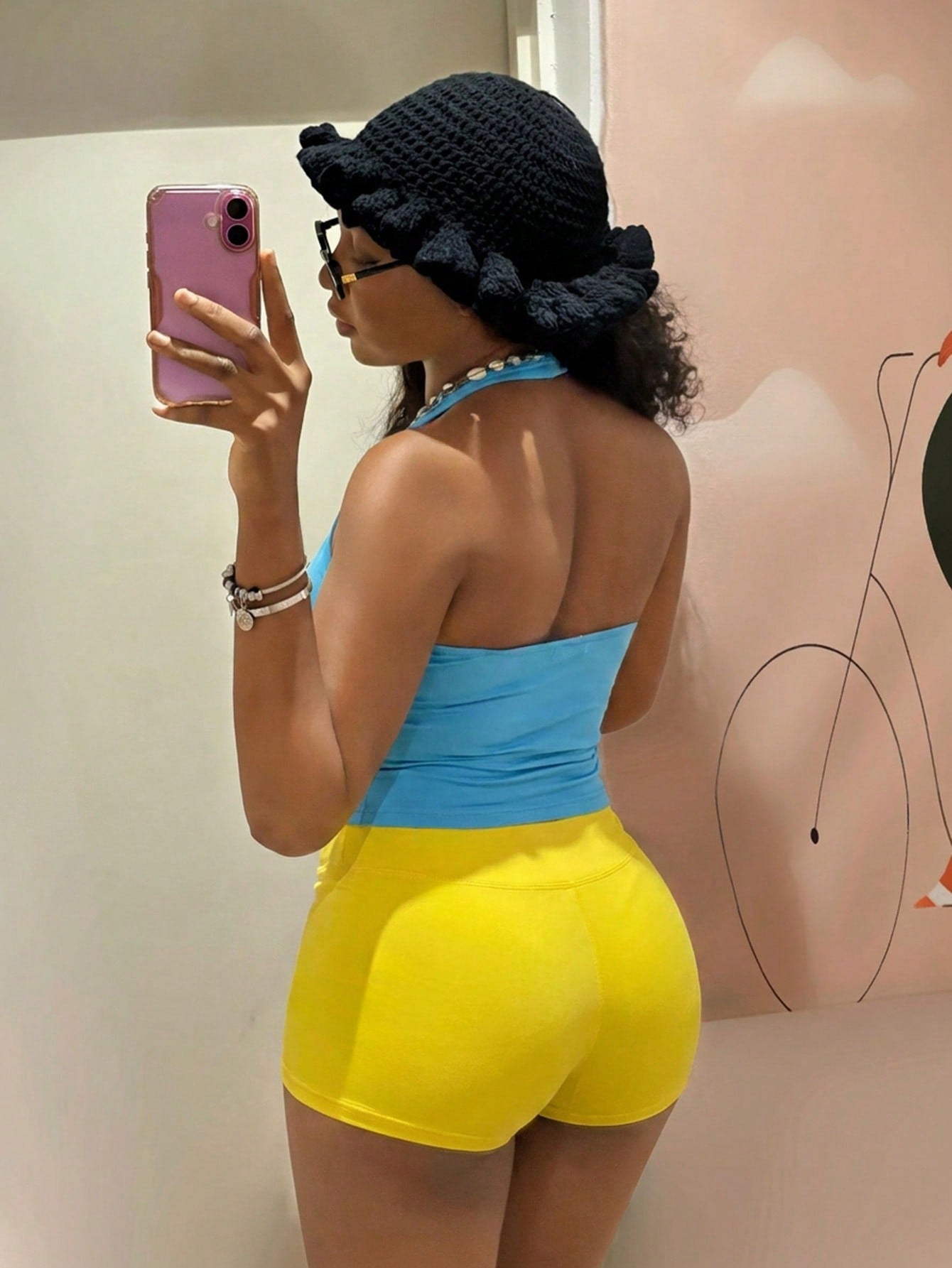 StreetHx Women 2-Piece Set:Yellow Vest Top,Blue Shorts.HypeZone-D Spaghetti Strap Camisole,Letter Print,Slim Fit For Gym,Summer,Y2k,Sports,Beach Outfits