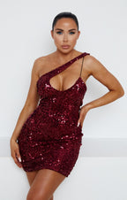 Sequin One Shoulder Cut Out Bodycon Mini Dress