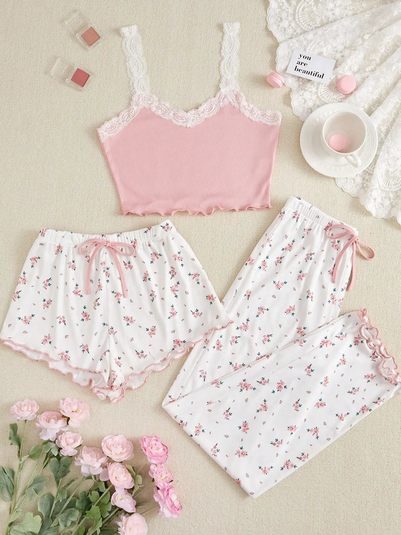 CottageSlumber Women's Lace Trim Cami Top And Floral Print Shorts & Long Pants Pajama Set Bountiful Floral Splendor Cozy And Elegant Details