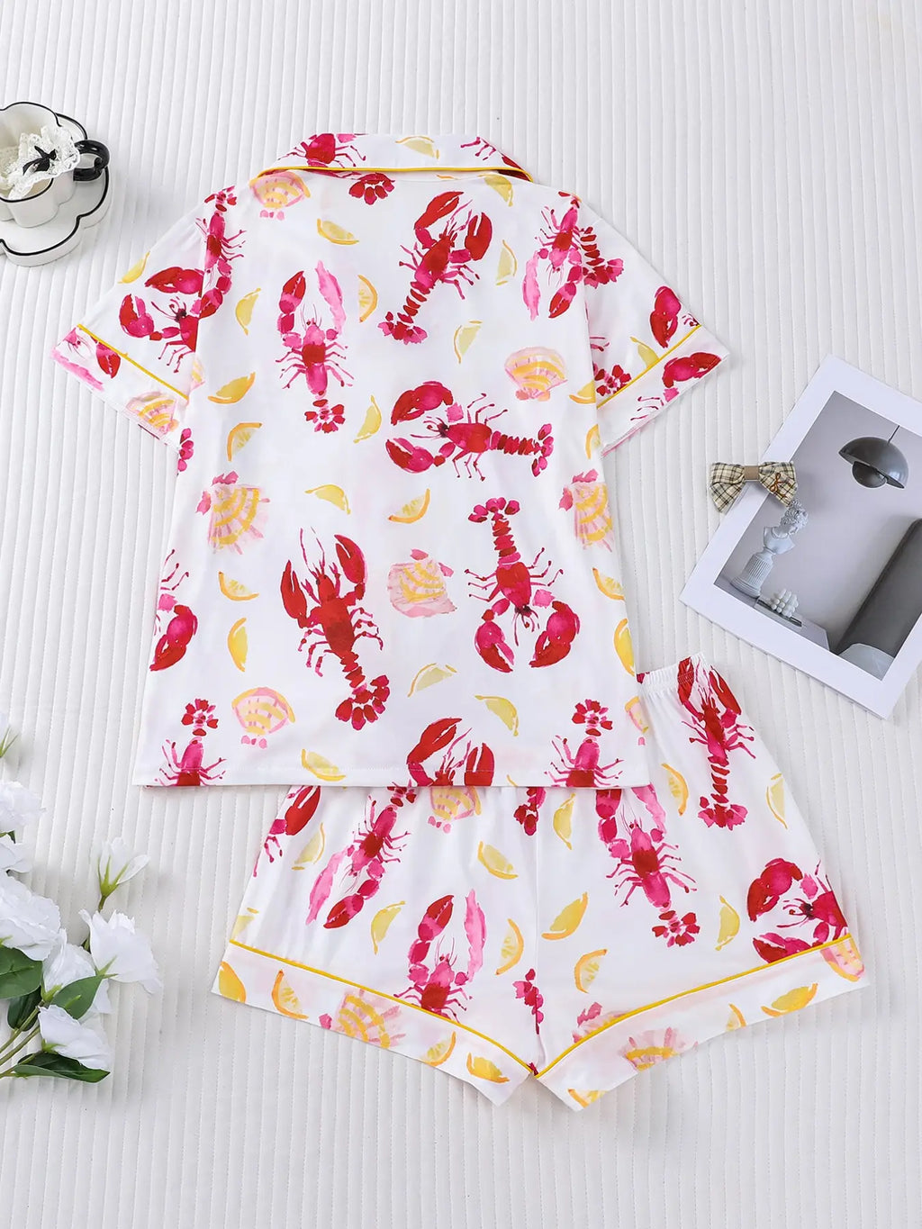 Women's Sleepwear Set, Short Sleeve Lapel Button Soft Top & Elastic Shorts