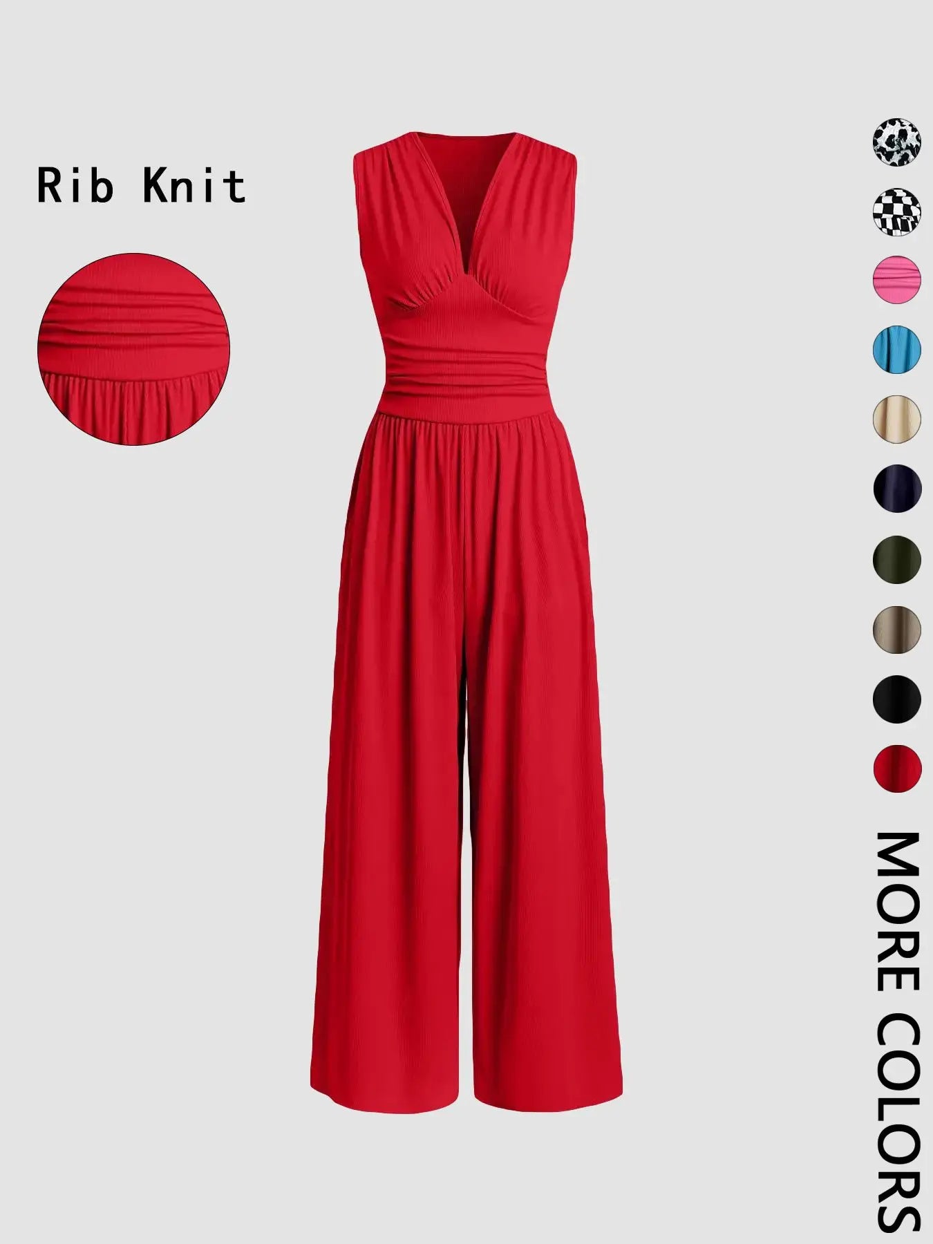 Women's Plain Ruched Deep V Neck Wide Leg Jumpsuit, Casual Sleeveless Ribbed Jumpsuit for Daily Wear, Ladies Clothes for All Seasons, Womenswear Basic Minimalist