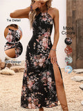 Women's Floral Print Split Thigh Halter Dress, Elegant Chic Boho Style Tie Back Design Long Dress for Spring Summer Fall, Bohemian