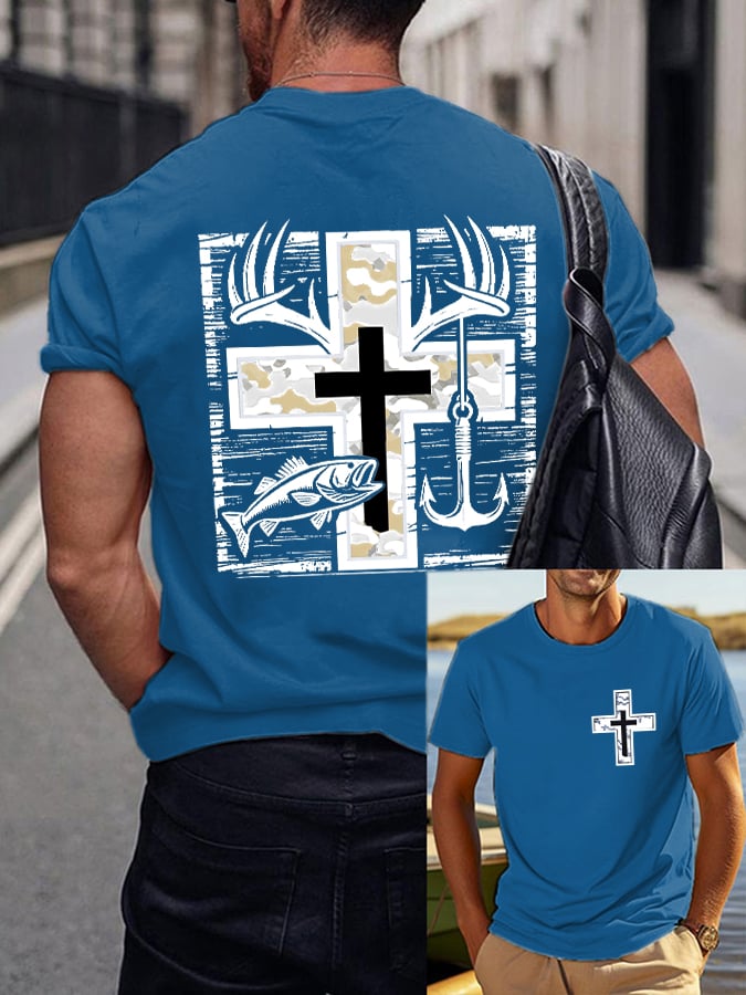 Men's Retro Faith Fishing Hunting Print T-Shirt