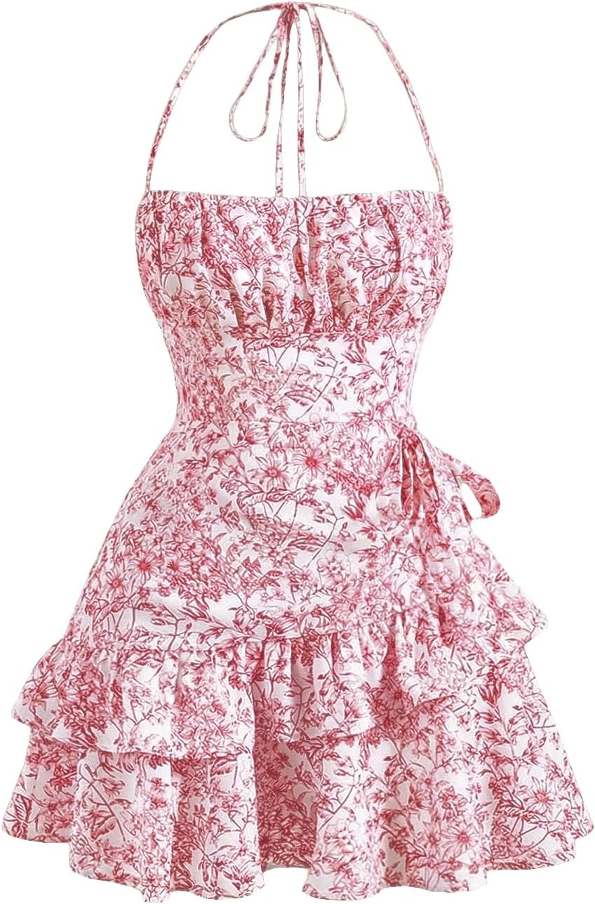 Floerns Women's Floral Halter Ruffle Tiered Cute Summer Mini Dress Milkmaid Vacation Sundress