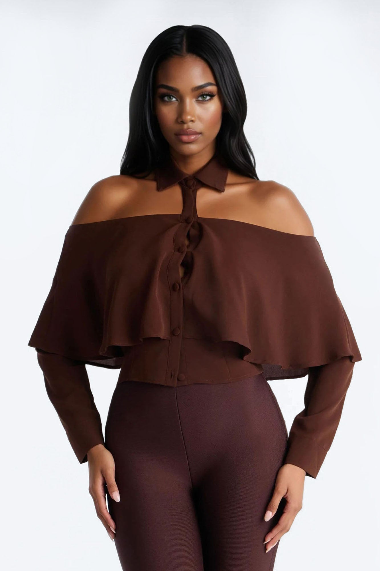 Destiny Off Shoulder Collar Shirt - Brown