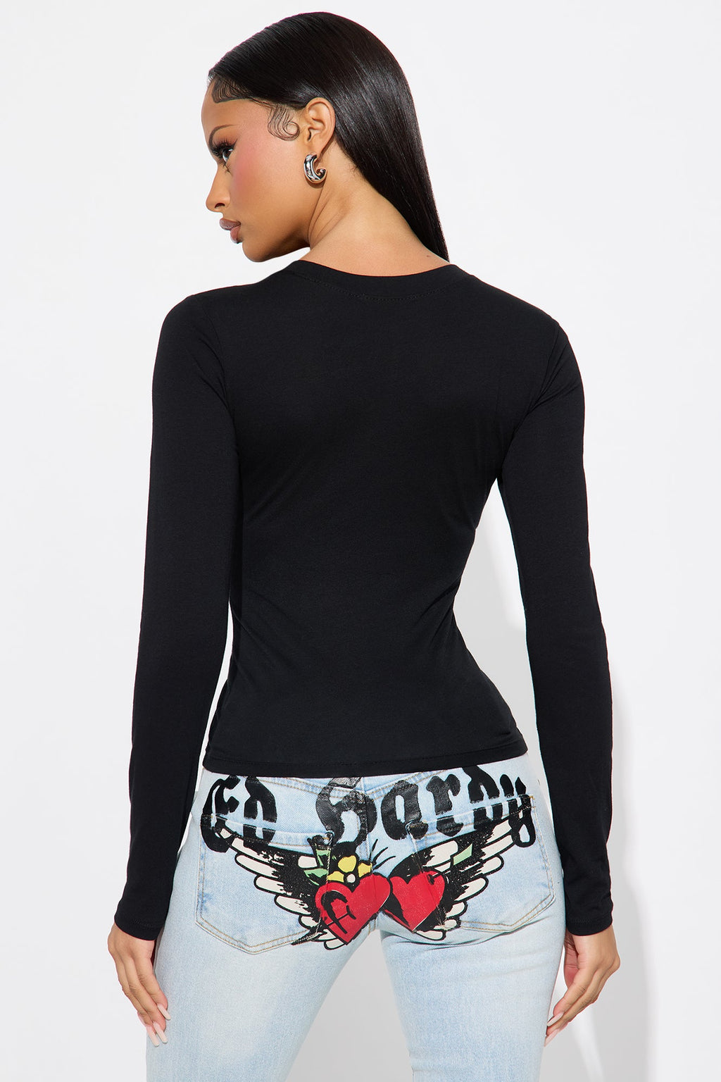 Elise Round Neck Long Sleeve Top - Black