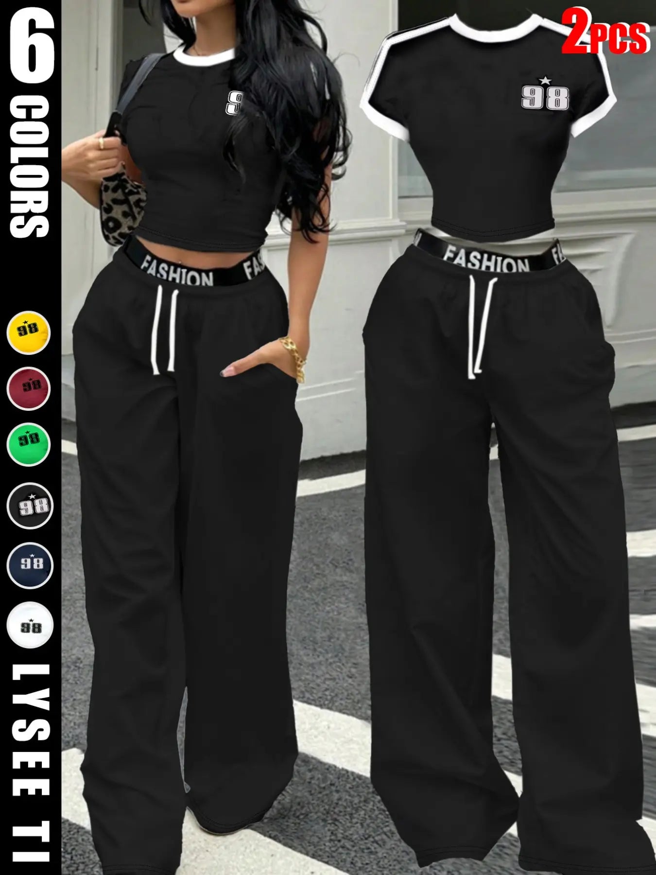 Hot-girl Style Contrast Binding Short Top and Letter Tape Wide Leg Pants, Women's Black & White Two-piece Set