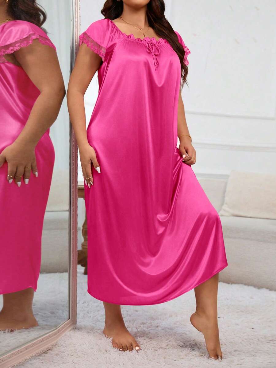 MuseNap CURVE Plus Size Women Pleated Square Collar Embroidered Satin Nightgown