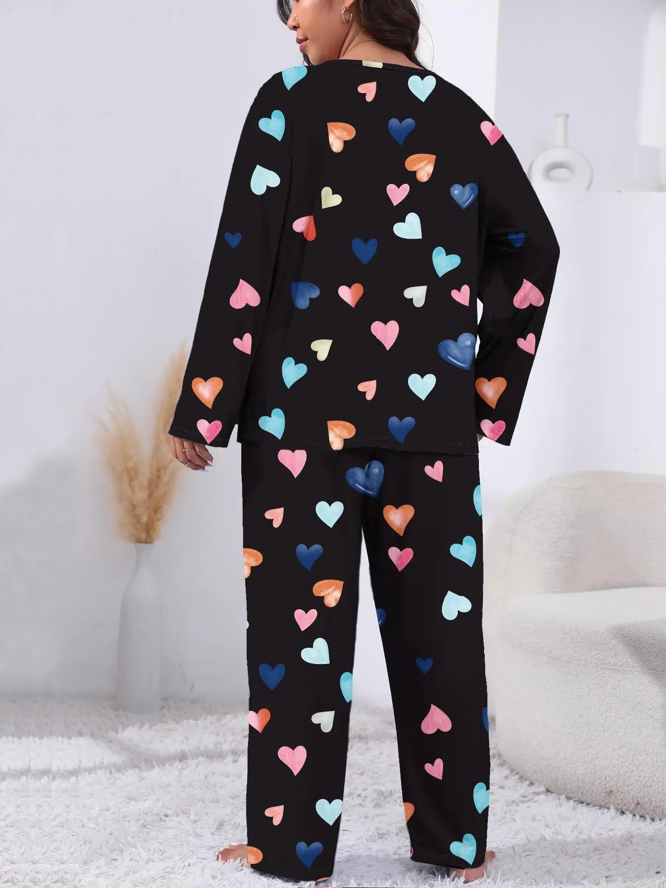 Plus Size Heart Print Pyjama Lounge Set for Women