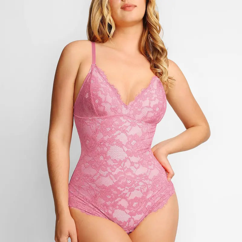 Popilush Basic Full Lace Built in Shapewear Bodysuit Women Vneck Compression Sleeveless Thong Tummy Control Backless Adjustable Sexy Bodysuit Womenswear Summervibe