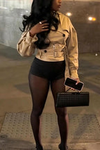 Women Collar and Waist Double Breasted Casual Jacket