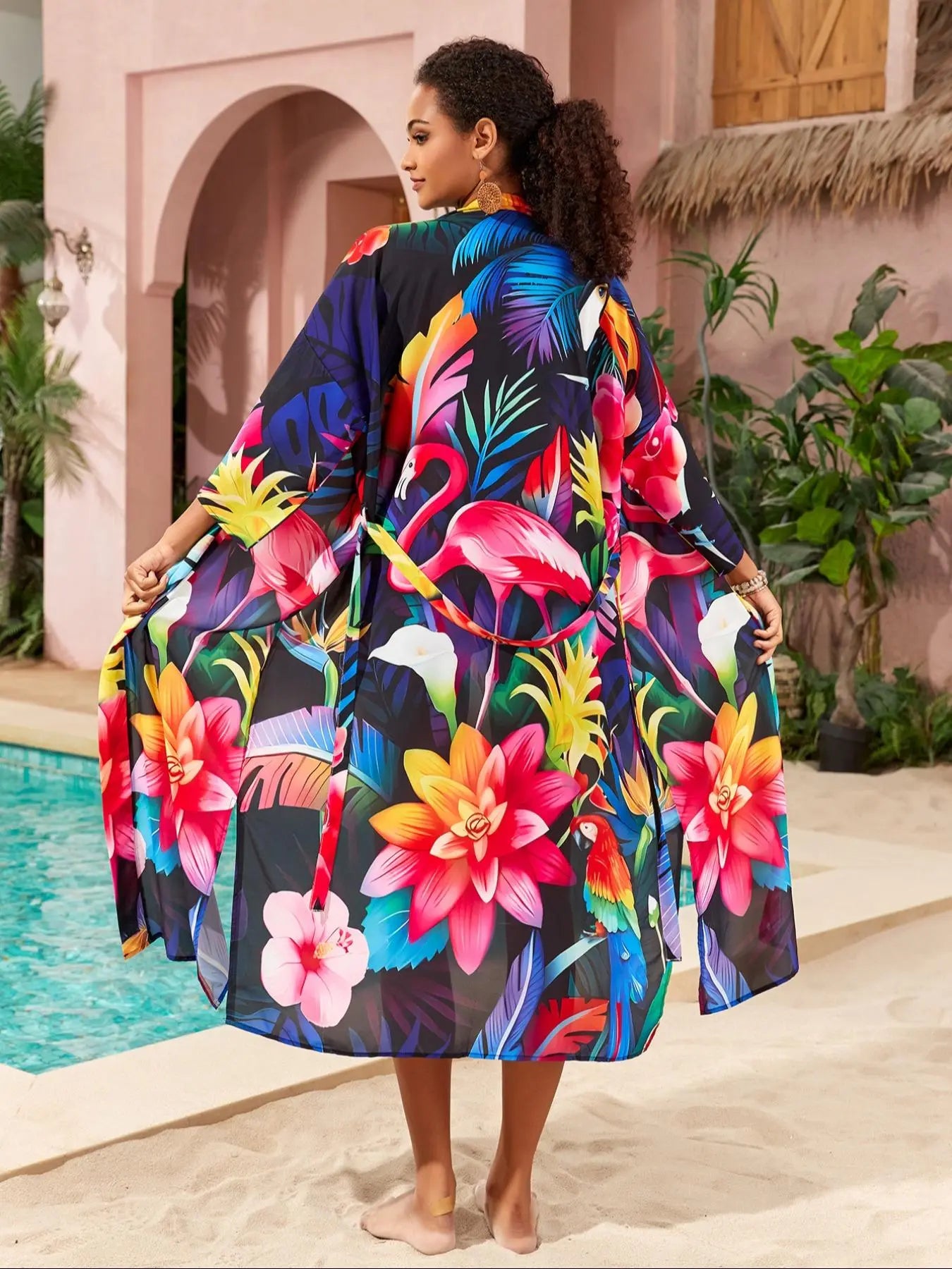 Plus Size Peacock & Floral Print Belted Wrap Kimono Cardigan, Casual Chic Style Split Hem Kimono Cardigan Sleeves, Women's Summer Swimwear for Beach Holiday Vacation