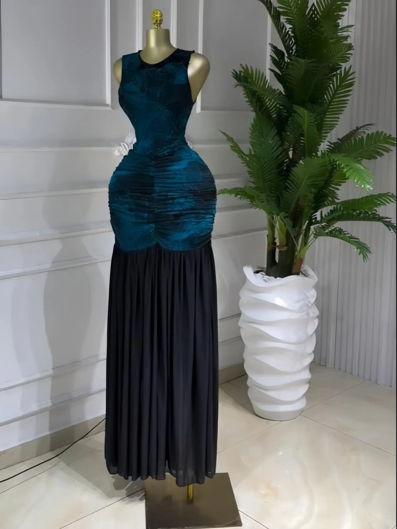 Women's Printed Ruched Stacked Bodycon Fitted A-Line Long Evening Dress, Fall Winter Holiday Party Gown, Elegant Chic Formal Party Wear, Prom Evening Gown, Bodycon Sleeveless Dress