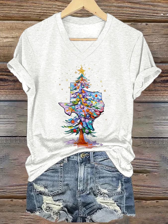 V-Neck Retro Texas Christmas Tree Watercolor Painting Print T-Shirt