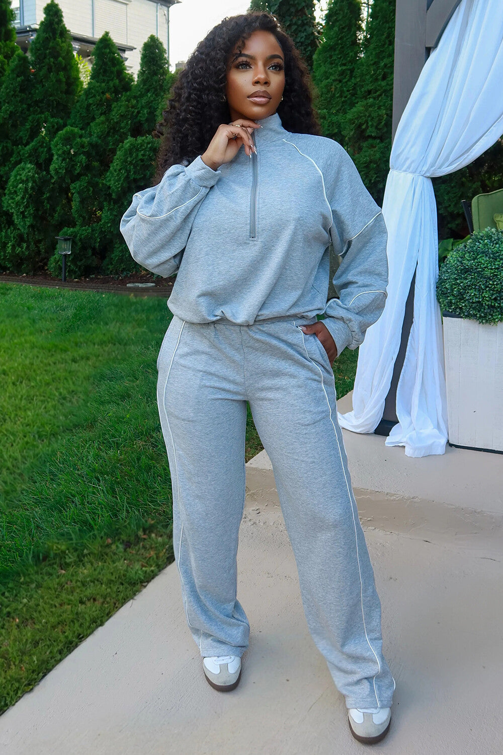 Contrast Line Half-Zip Sweatshirt Wide Leg Pants 2pcs Set-Black