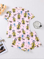 Women's Monkey Print Pajama Set, Short Sleeve Button Front Top & Elastic Shorts