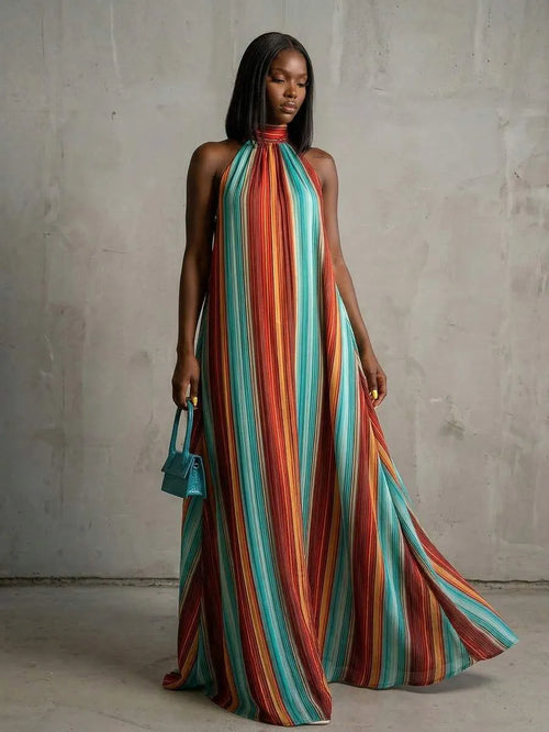 BamGlimmer Women's Colorful Striped Backless Dress For Vacation Resort Wear Multicolor Dress Pleated Maxi Dress Juneteenth Dress Rainbow Dresses For Women