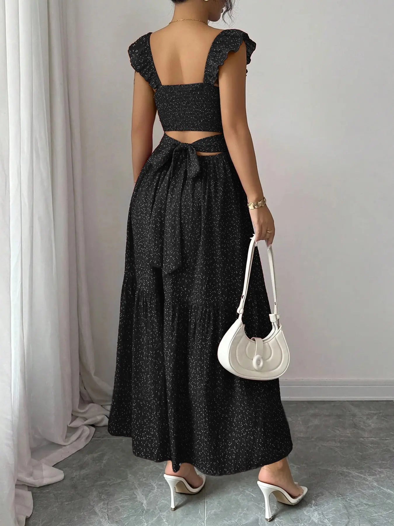 Spring & Summer Ruffled Polka Dot Maxi Dress with Back Tie