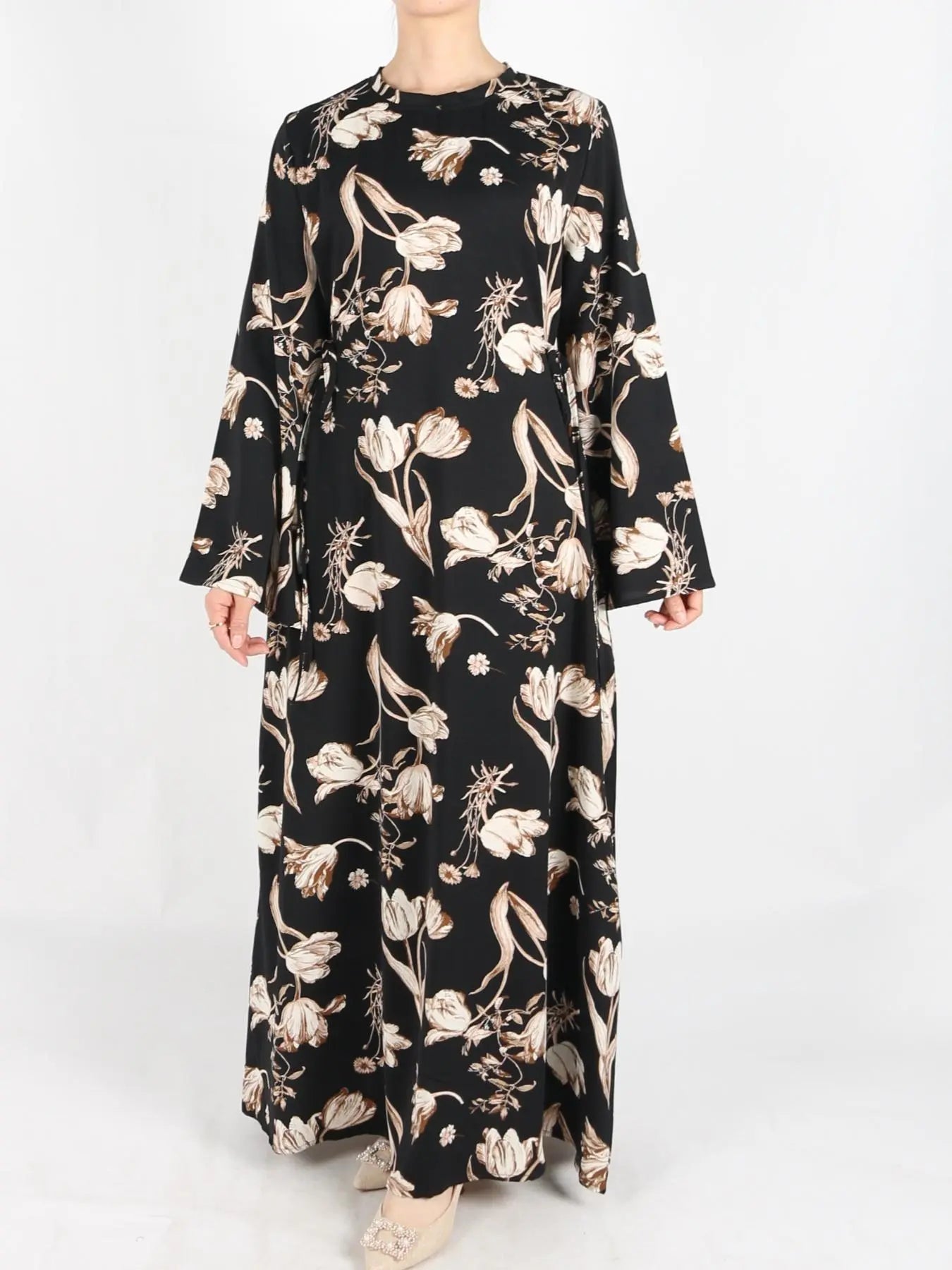 Women's Tie Side Zipper Back Dress, Elegant Long Sleeve Belted Abaya Dress for Daily Wear, Ladies Islamic Clothing for All Seasons, Round Neck Abayas