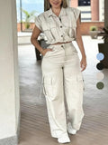 Women's Solid Button Front Tank Top & Cargo Pants, Pockets, Casual Fashion Cozy Two-piece Set for Daily Outdoor Wear, Ladies Clothes for Summer, Womenswear Aesthetic