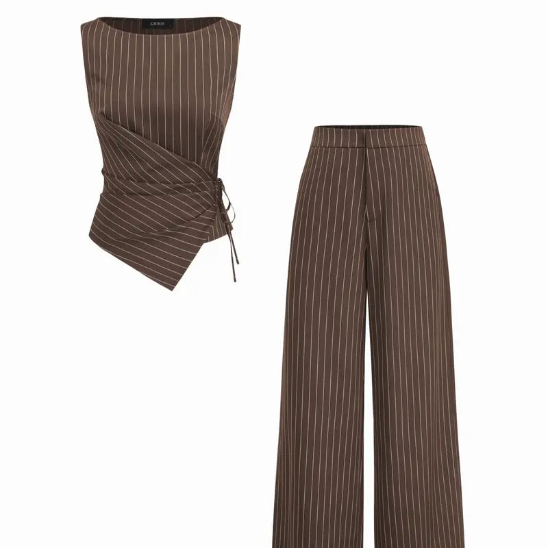 Cider Boat Neck Striped Wrap Knotted Top & Mid Rise Straight Leg Trousers Set– Office & Weekend Casual SwimWeek
