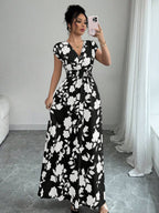 Elenzga Women V-Neck Allover Print Casual Long Dress
