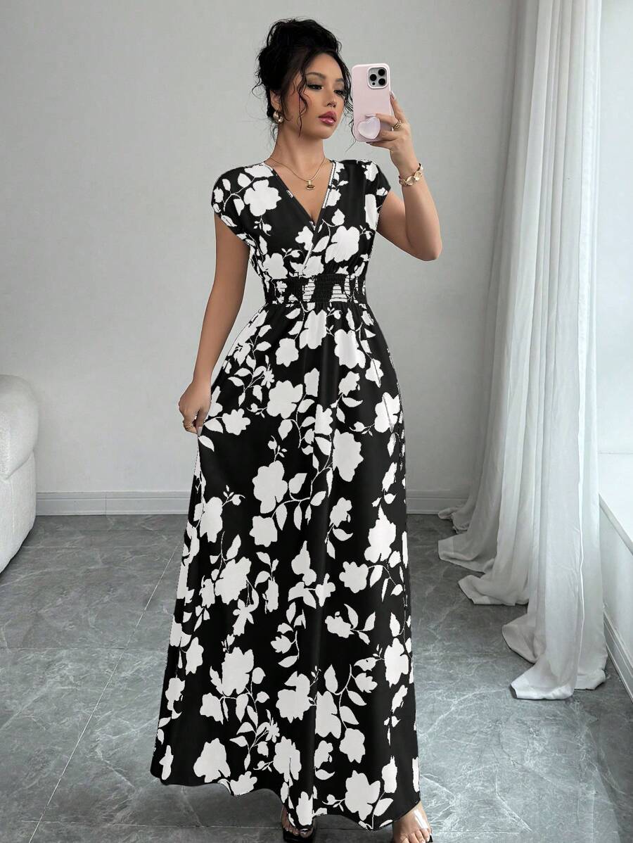 Elenzga Women V-Neck Allover Print Casual Long Dress